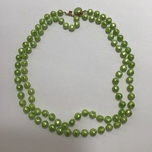Vintage 20” double strand costume necklace green shiny Pearl-like beads